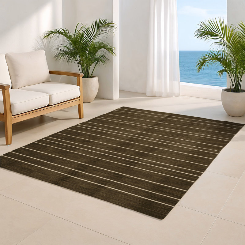 Tapis intérieur / extérieur brun HorizontalStripes, Rectangulaire 8 pi x 10 pi