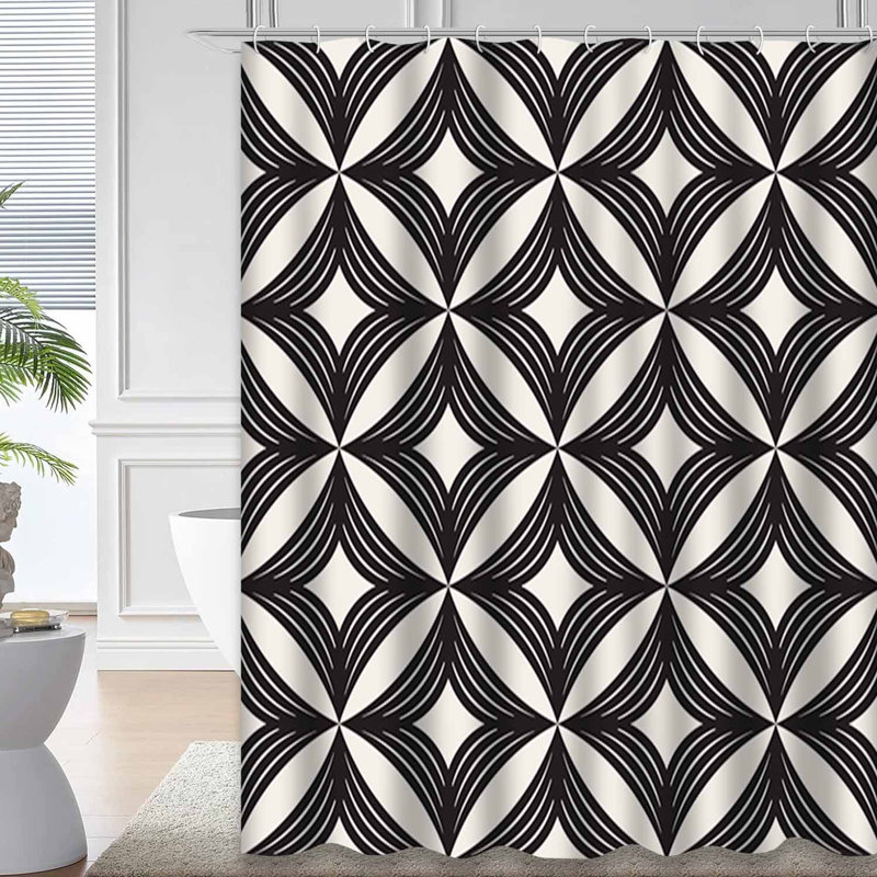Waterproof Modern Abstract Tile Line Geometric Wave Shower Curtain with 12 Hooks, 72" L x 78" W