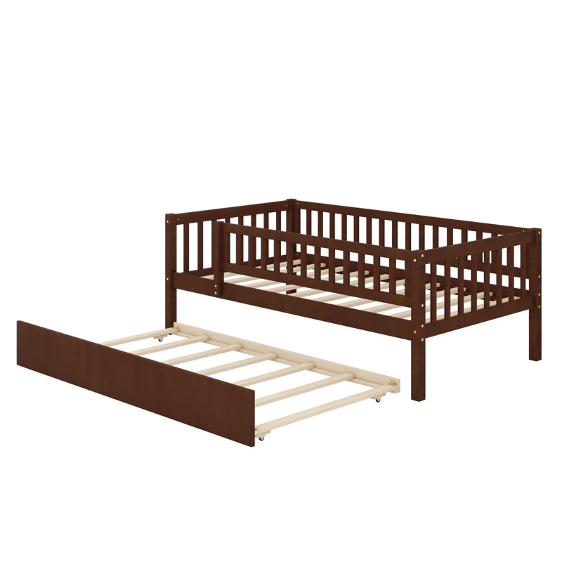 Wood Daybed With Trundle And Fence Guardrails, Walnut