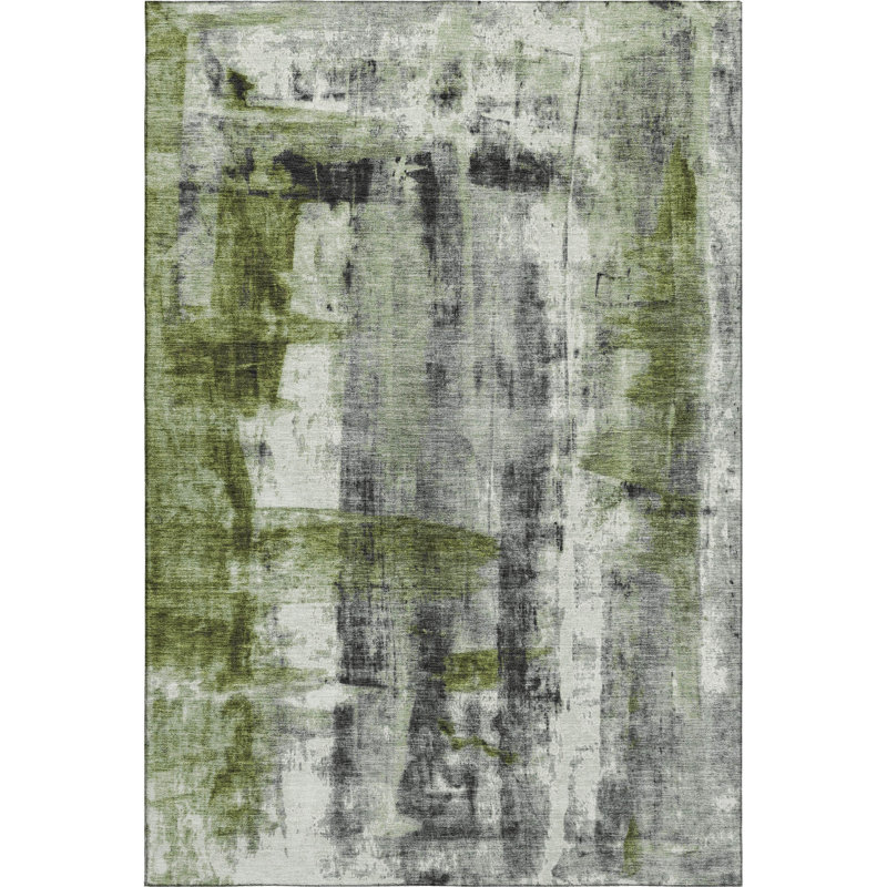 3' X 5' Olive Green Charcoal And Ivory Abstract Washable Area Rug With UV Protection