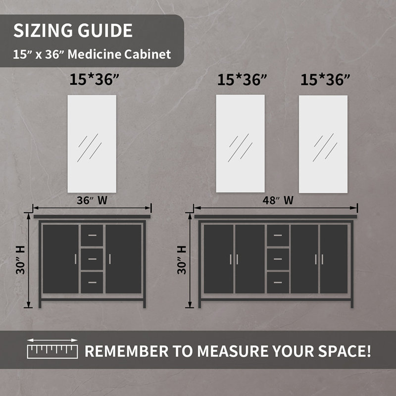Armoire à pharmacie sans cadre 36 H x 15 avec porte miroir pour rangement encastré ou mural, H 36 po x l 15 po x P 4,5 po