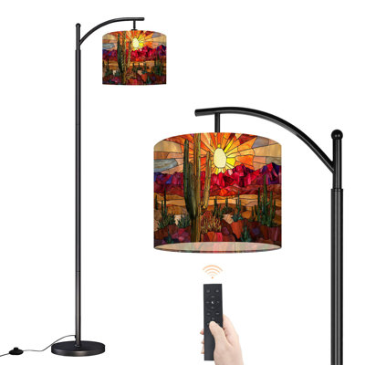 Arc Floor Lamp with Adjustable Lampshade Bold Stained Glass Desert Scene Saguaro Fiery Hues Standing Lamp 3 Color Temperatures Dimmable Tall Pole Lamp with Foot Switch for Bedroom