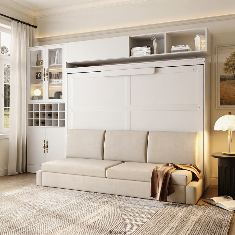 Lit escamotable Queen avec canapé, étagères, port USB et éclairage, blanc, Gris, blanc
