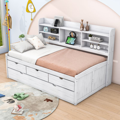 Twin Wood Captain Bed with Trundle, 3 Drawers and Built-in Shelves
