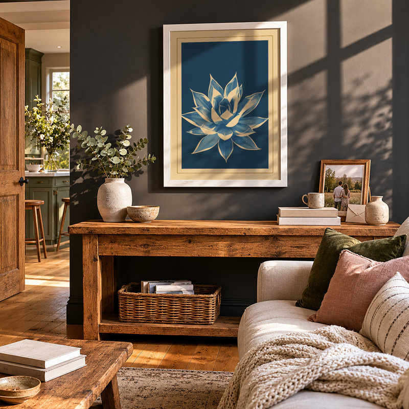 Lotus in Teal Botanical - Framed Print, A4 - 29.7 x 21.0 cm, White