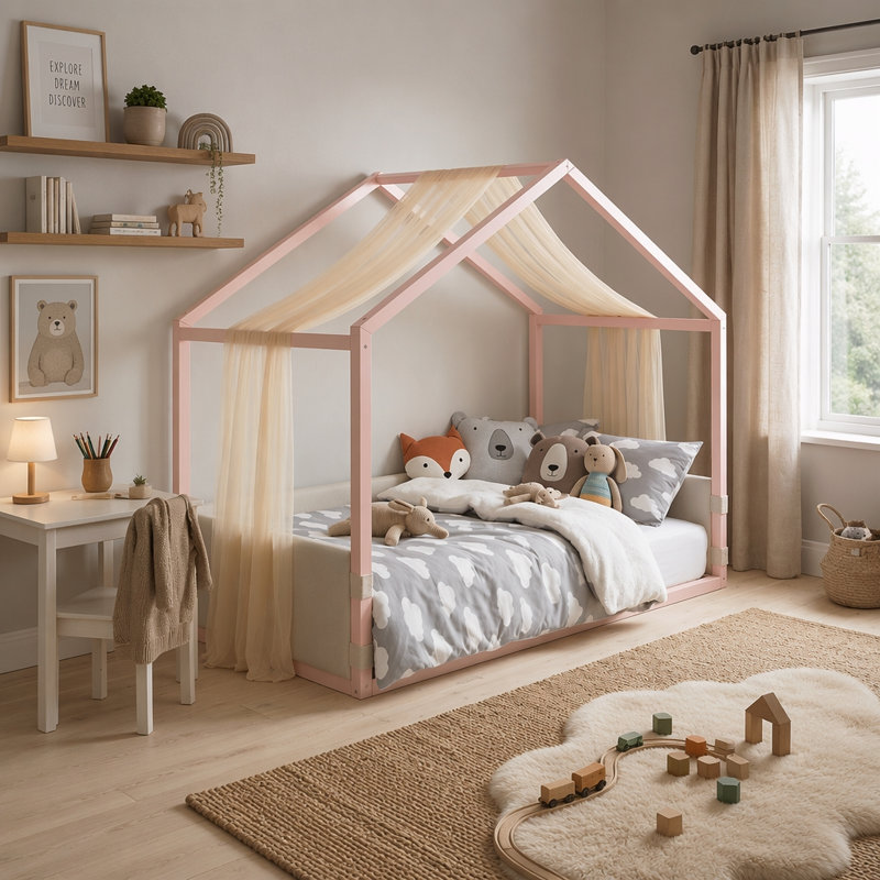 Lit à baldaquin avec panneaux latéraux rembourrés en velours, Rose