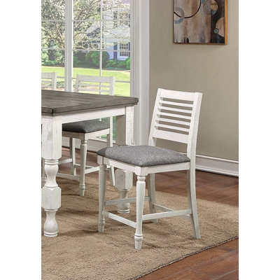 Majestic Rustic Counter Height 2Pc Dining Chairs Set Antique White Solid Wood Gray Fabric Cushions Two-Tone Turned Legs High Chair Dining Room Furniture