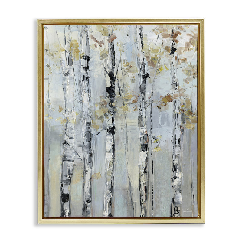 Abstrait de bouleau d'automne, Cadre flottant métallique doré, H 21 po x l 17 po