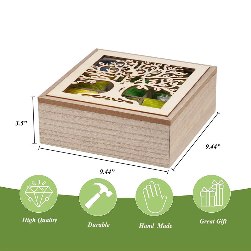 Tree Pattern Wooden Tea Bag Storage Box Countertop Organizer for Kitchen Office
