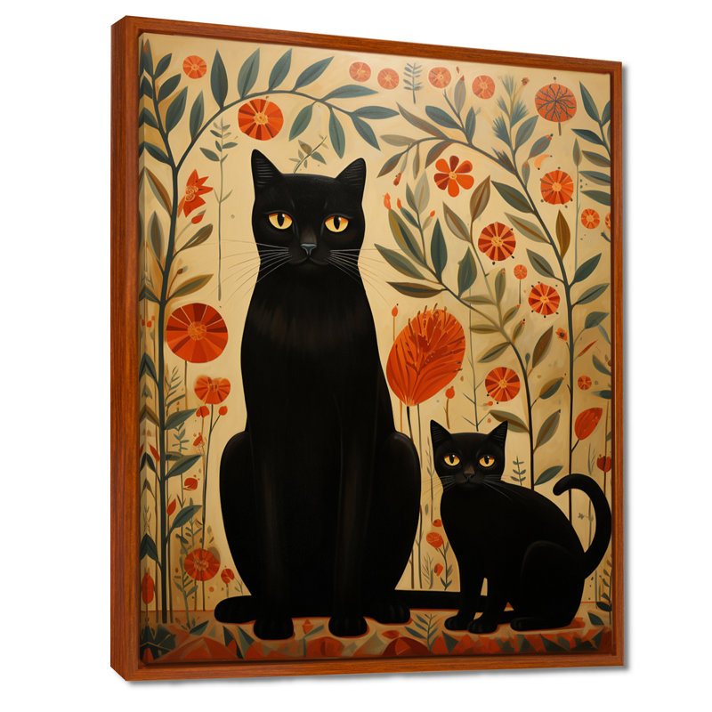 Chat noir, mère et chaton, art floral rétro, salon mural, H 40 po x l 30 po, Toile brune avec cadre flottant