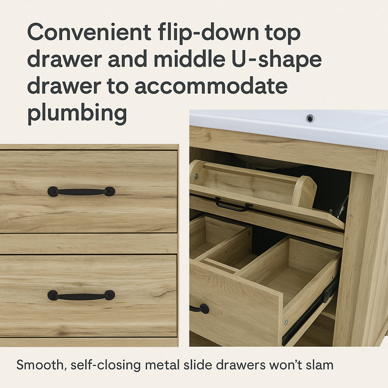 Estebana 24" Single Bathroom Vanity With Two Drawers and Ceramic Top, Light Oak
