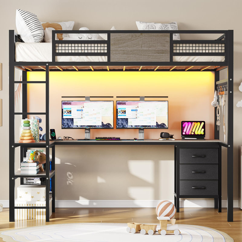 Lit mezzanine avec bureau en L, cadre de lit avec lumières à DEL et station de charge, 3 tiroirs en tissu, Lit double, Gris