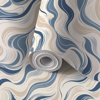 Papier de contact à peler et coller avec lignes abstraites à vagues fluides bleu marine crème, design minimaliste auto-adhésif et amovible 24 po x 118 po (60 x 300 cm)