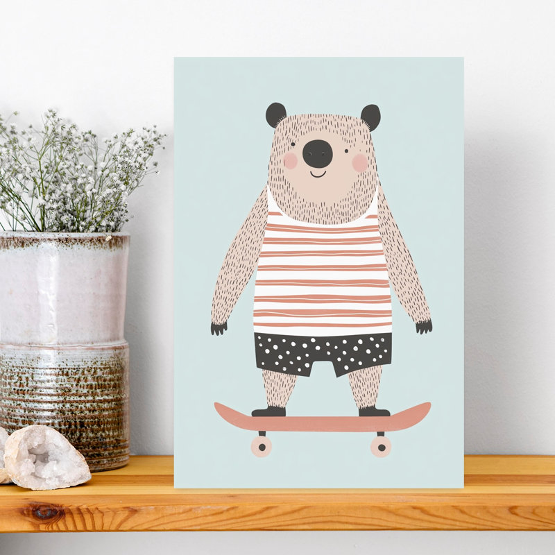 Cute Bear On Skateboard Playful Contemporary Bear Summer Wall Art Print 1 Piece Wrapped Canvas Wall Art