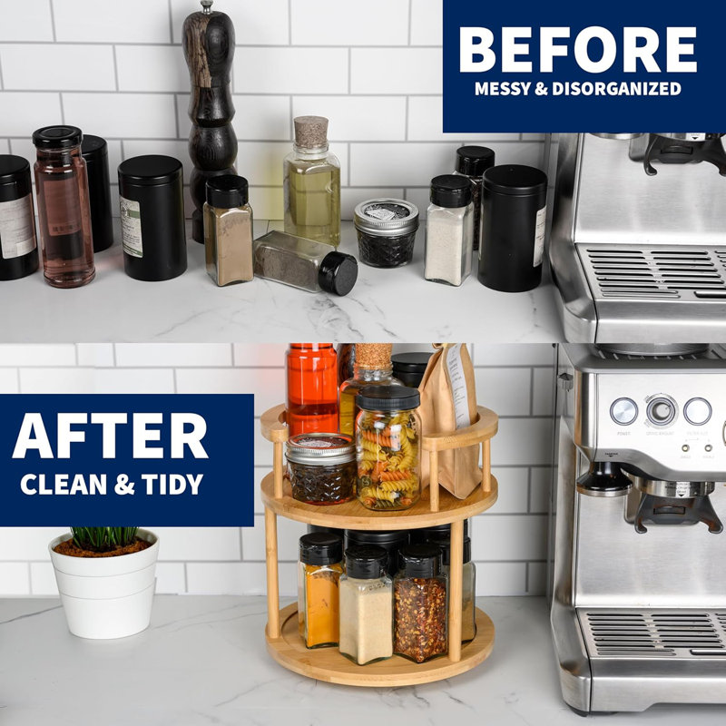 Wooden Rotating Spice Rack - 2 Tier Lazy Susan - 360 Degree Spinning Revolving Turntable Organizer Rack For Kitchen Countertop, Pantry