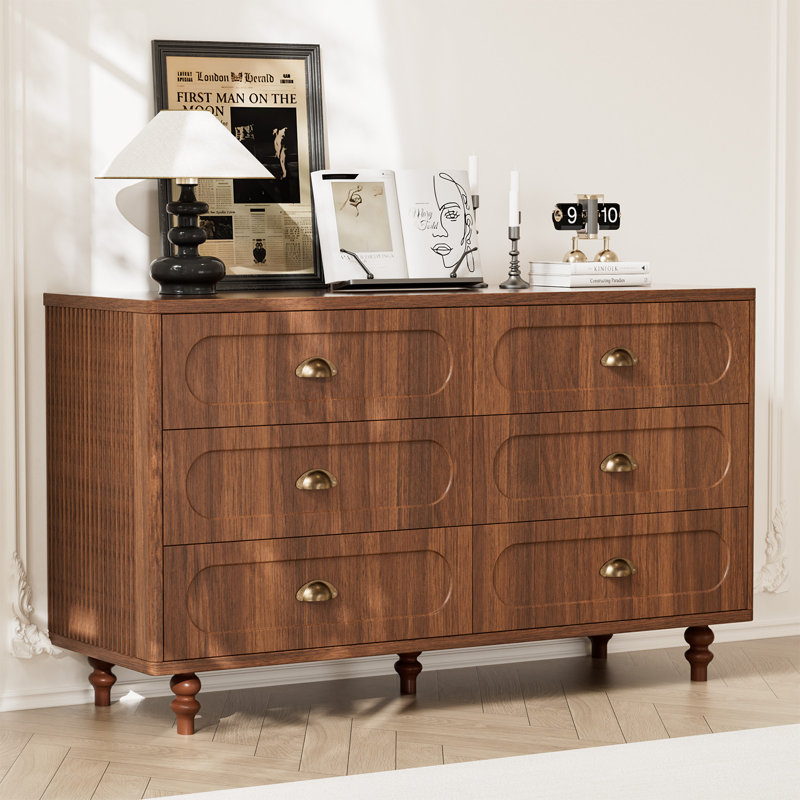 Commode 6 tiroirs, commode double l 47 po avec pieds en bois massif, commode pour chambre à coucher, salon, noyer
