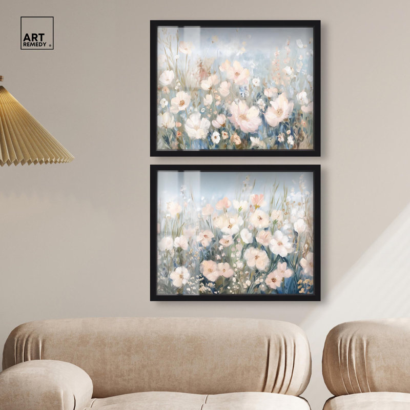 Blush rose Dreamscape Shadowbox Floral Abstracts par Art Remedy, Black, H 17 po x l 21 po
