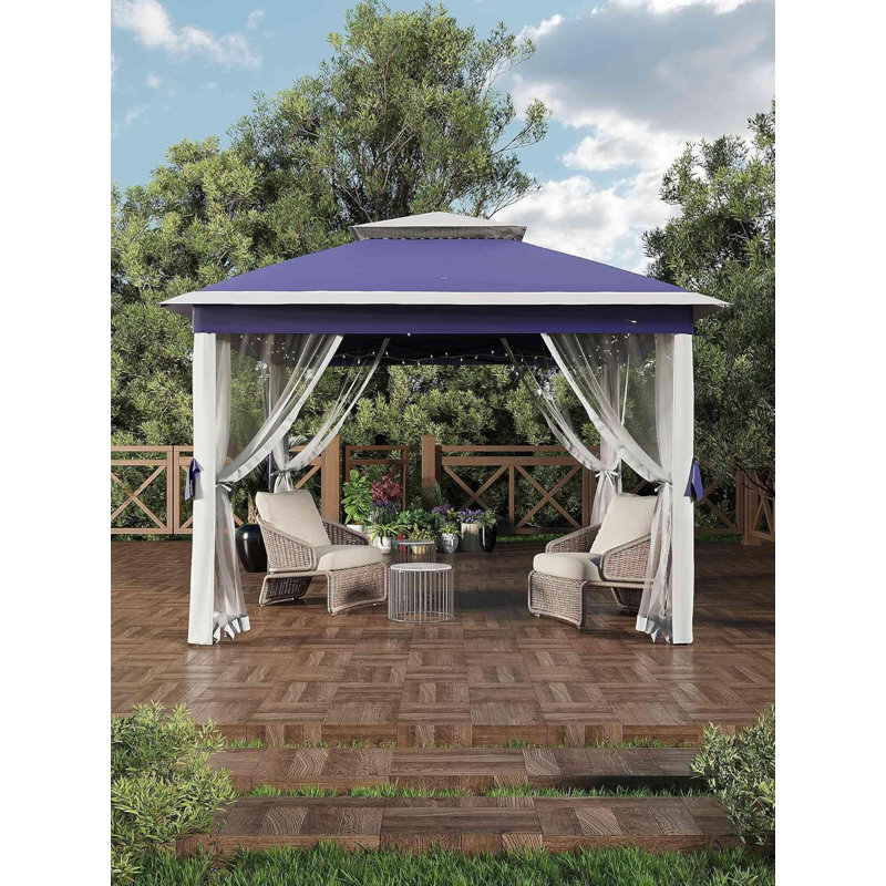 Tente de pavillon de jardin escamotable 11 x 11 pi, auvent de protection UV imperméable et réglable en hauteur à 3 hauteurs, abri portatif pour patio, cour et jardin, bleu marine et beige