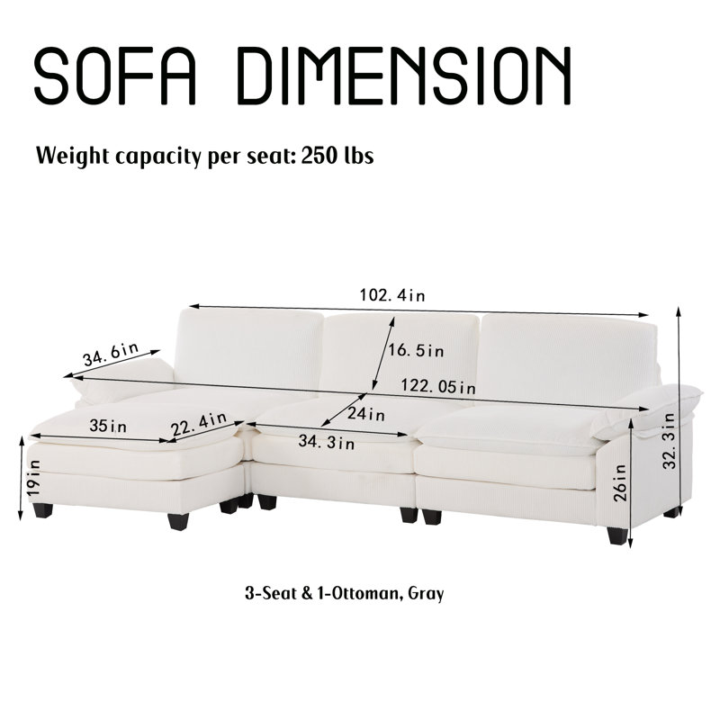 Canapé modulaire modulaire, 3 places, conception en L, gris, Beige