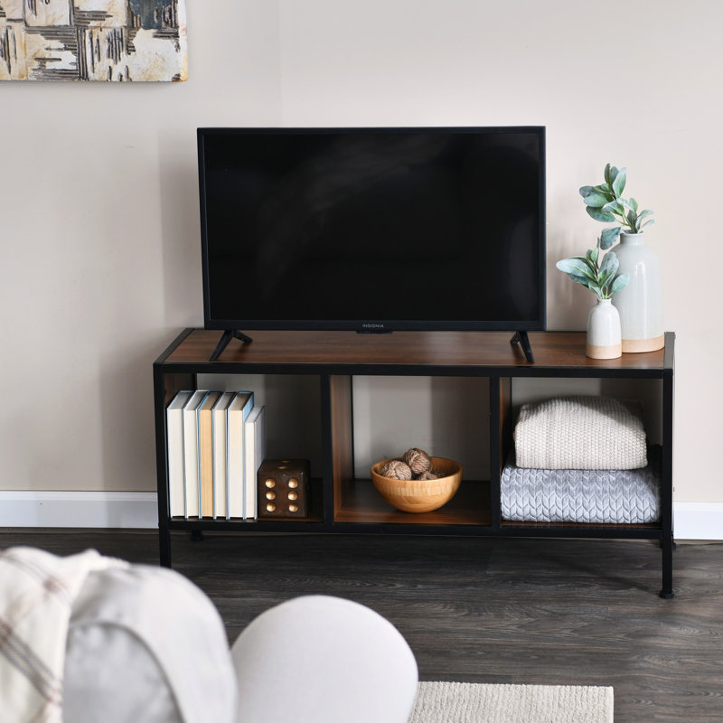 Jamestown TV Stand Coffee Table with Square Cube Storage Compartments Mid Century Walnut Wood Grain and Metal, Black, Brown