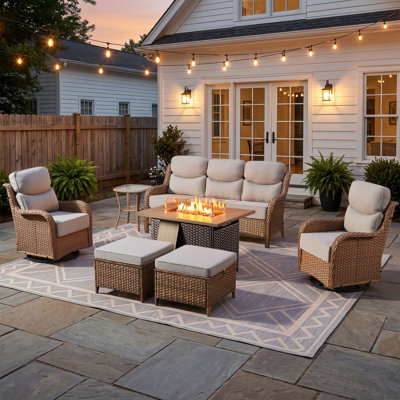 7 - Person Luxury Wicker Patio Furniture Set With Fire Pit Table & 6-Inch Extra-Thick Cushion Swivel Chairs, Side Table