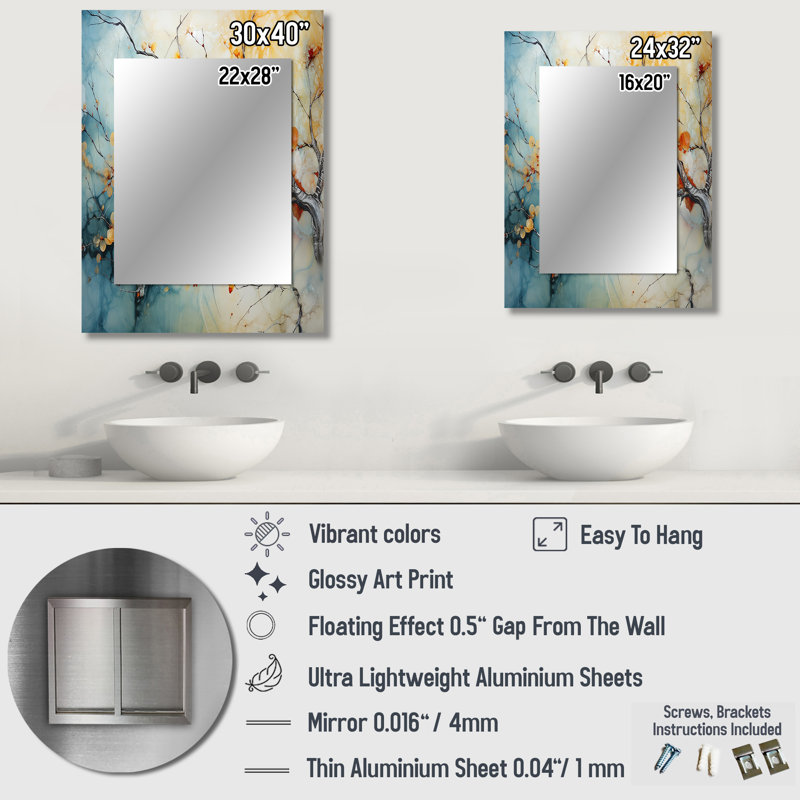 Orange, bleu sarcelle, érable brillant, agate I - miroir en érable, miroir mural traditionnel unique, impression d'art en métal