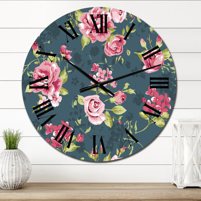 Horloge murale rétro à motif de roses rétro bleu foncé I