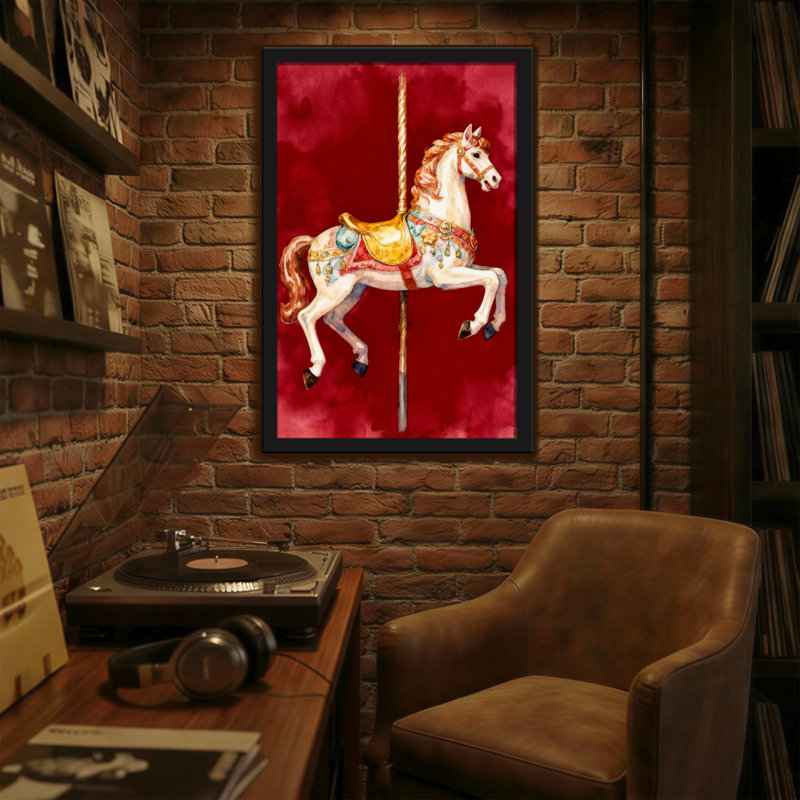 Cheval de Noël carrousel sur fond rouge, H 18 po x l 12 po
