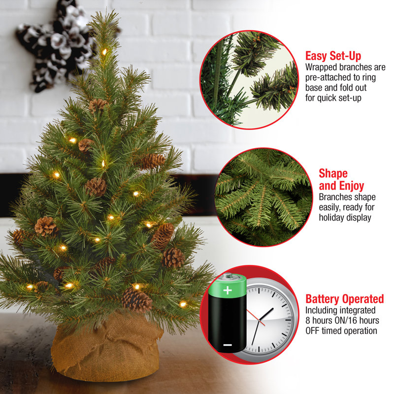 3ft Green Pine Artificial Christmas Tree with LED Lights and Burlap Base