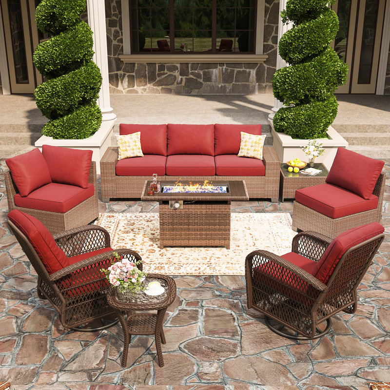  7 - Person Outdoor Seating Group with Fire Fit Table, Red