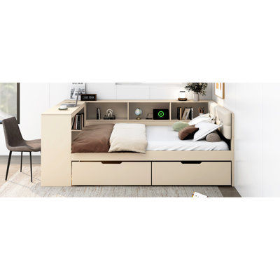 Lit plateforme double avec tête de lit tapissier crème, option de rangement et de chargement, station de tiroirs