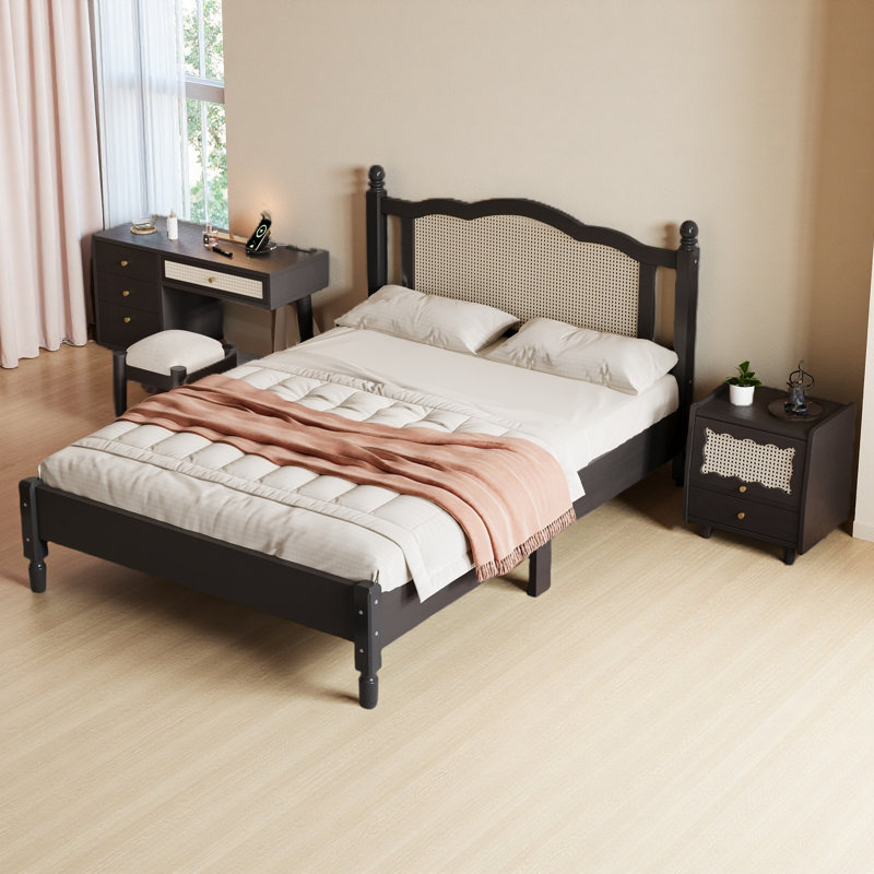 Ensemble de chambre à coucher 3 pièces avec cadre de lit en bois pleine grandeur, 1 table de chevet rétro et 1 coiffeuse de maquillage avec tabouret