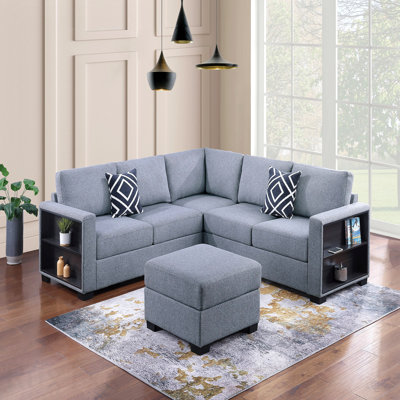 Contemporary Functional Sectional Sofa 4Pc Set Gray Boucle Couch Loveseat W Built-In Shelfs Wedge, Ottoman Living Room Furniture L-Shaped Design Couch