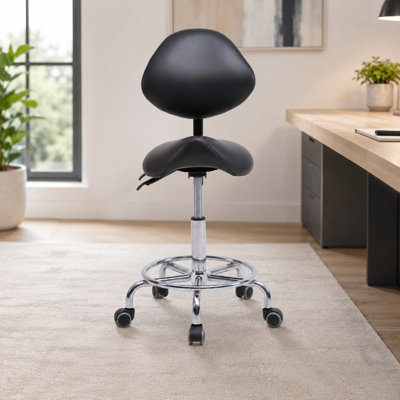 Ergonomic Black Saddle Stool With Backrest, Height Adjustable Hydraulic Swivel Tilt Seat, Rolling Foot Pedal Work Chair