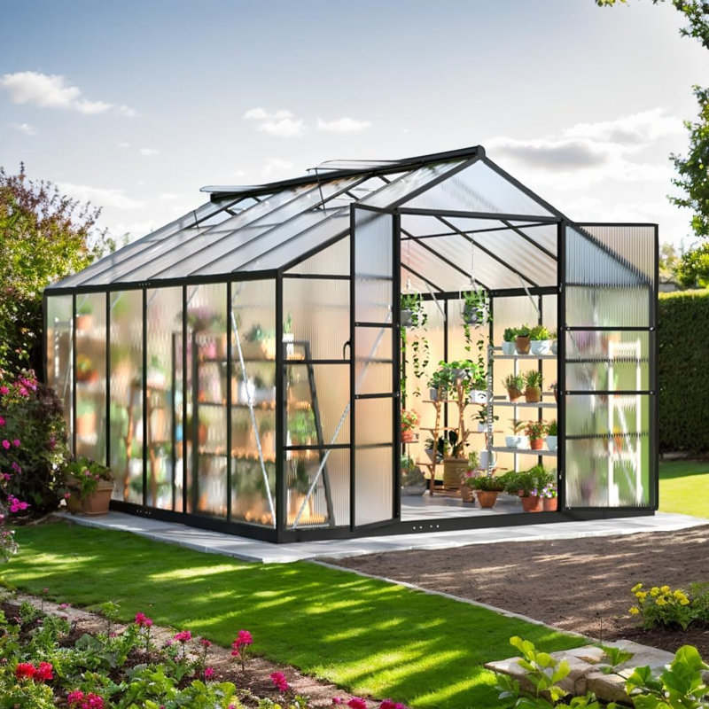 Serre en polycarbonate 10 pi x 12 pi avec évent de toit, noir, 10 x 12 pi