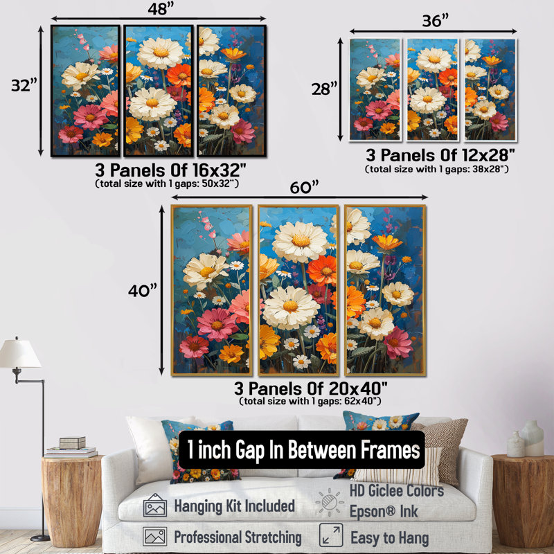 Ensemble de salon Jais - marguerites, Toile avec cadre flottant brun, H 32 po x l 48 po x P 1 po