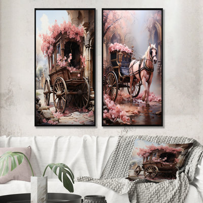 Voyage romantique en chariot de mariage - Ensemble de 2 décorations murales Old American Cart