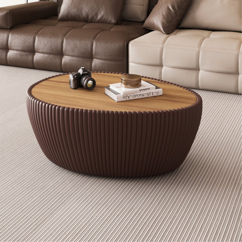 Table basse moderne en forme d'œuf avec plateau en marbre et cuir, Plateau en bois / base café
