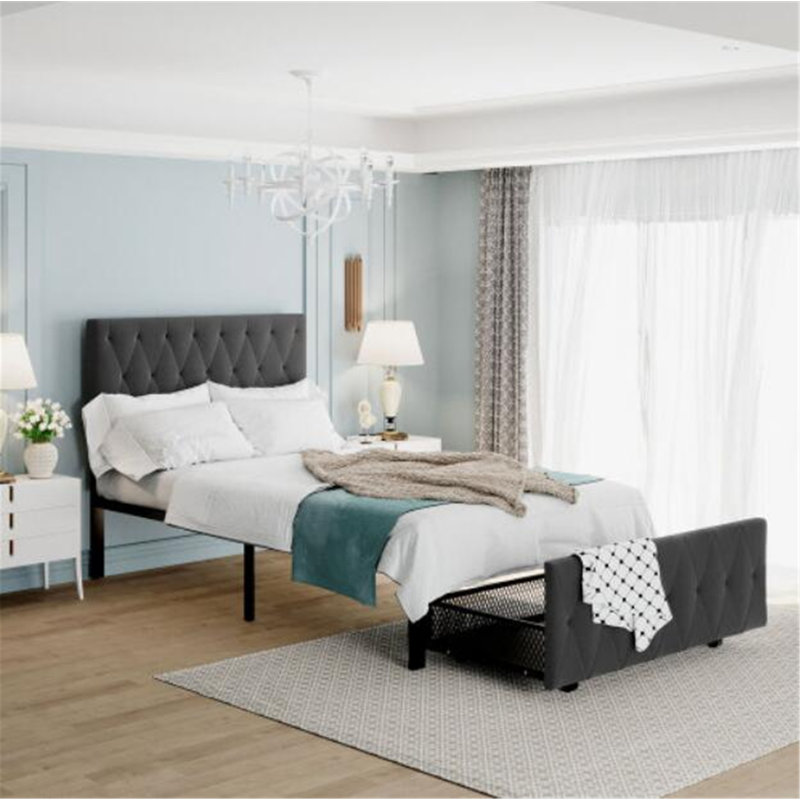 Upholstered Metal Platform Storage Bed, Gray, Twin