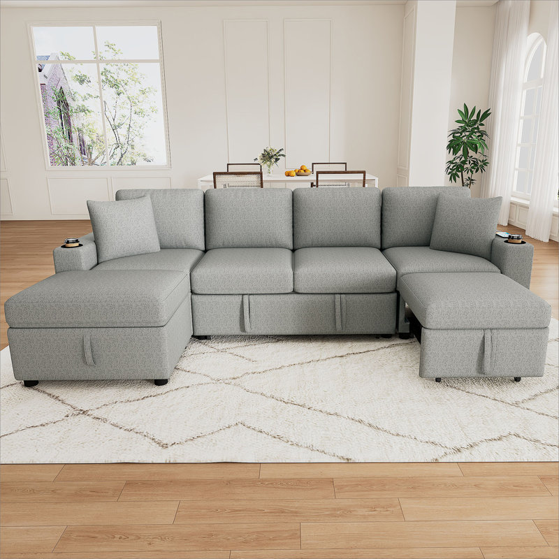 Canapé-lit modulaire convertible de 109,1 po avec canapé en forme de U et canapé-lit de rangement en forme de U avec repose-pieds de rangement mobile, gris
