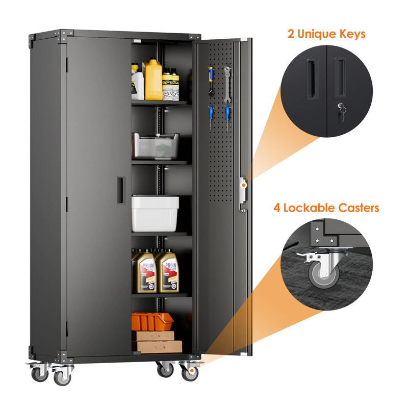 72" H Garage Storage Cabinets with Wheels,Metal Storage Cabinets with Door Pegboard for Garage Home Office Storage,Assembly Required