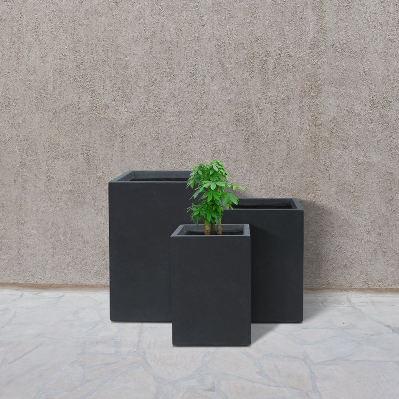 Charcoal Finish Concrete Tall Square Planter Set, 19", 16" and 13"H