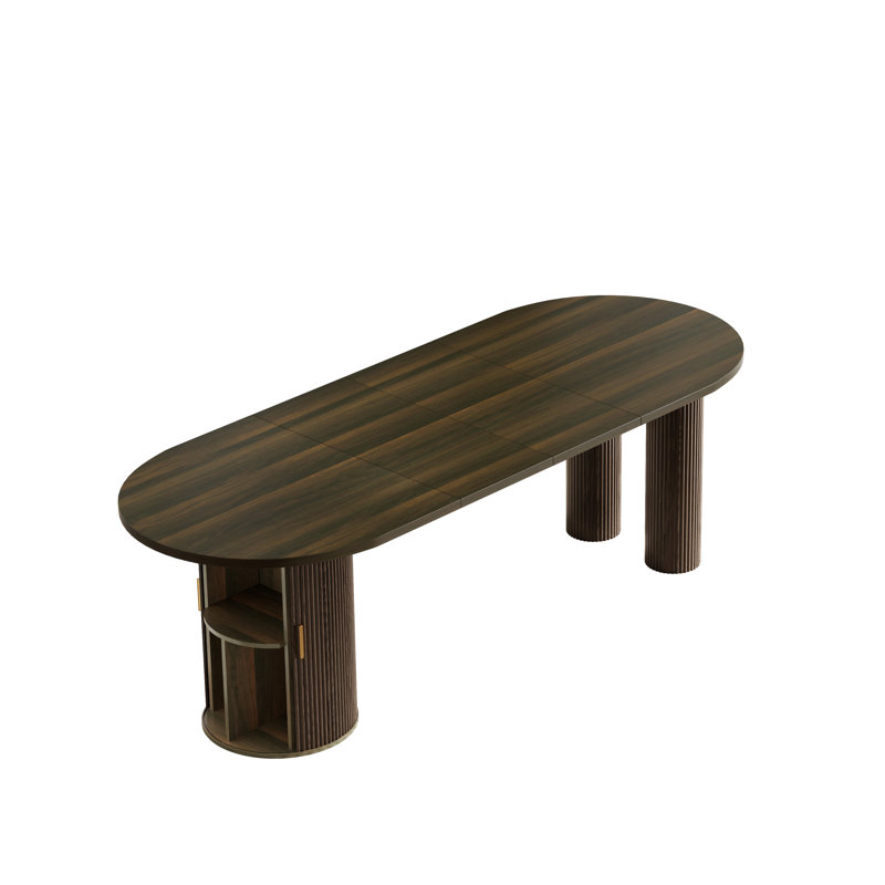 63" - 94.5"Extendable Dining Table with Fluted Storage Base and Velvet Upholstered Chairs, Walnut, 11, Noir