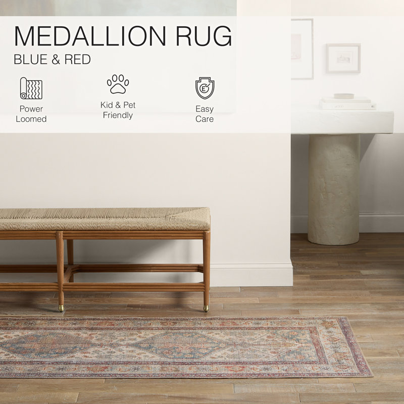 Machine Washable Oriental Machine Woven Polyester Area Rug in Cream/Blue/Red, Rectangle 4' x 8'