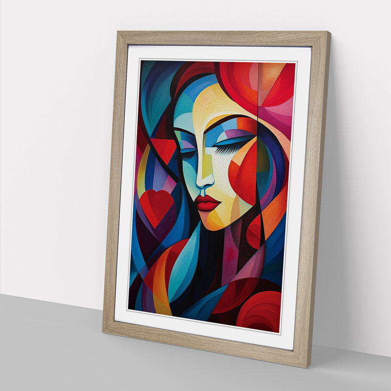 Love Heart Cubism - Single Picture Frame Print on Wood, 64cm H x 46cm W x 2cm D, Oak Framed