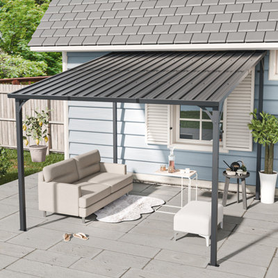 10' x 10' Wall-Mounted Hardtop Galvanized Steel Pergola for Patio, Garden, and Outdoor Storage Use