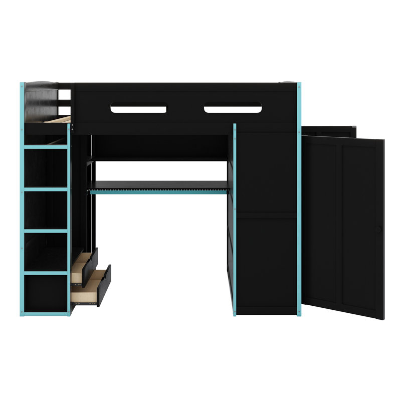 Wood Loft Bed With Desk,Wardrobe,Ample Storage Space,And RGB LED Light, Cloud Blue