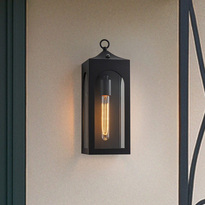 H16" 1-light Unique/statement Dusk To Dawn Outdoor Wall Light With Clear Glass Farmhouse Black Exterior Wall Sconce With Open Bottom Waterproof Porch Light Fixture For Garage
