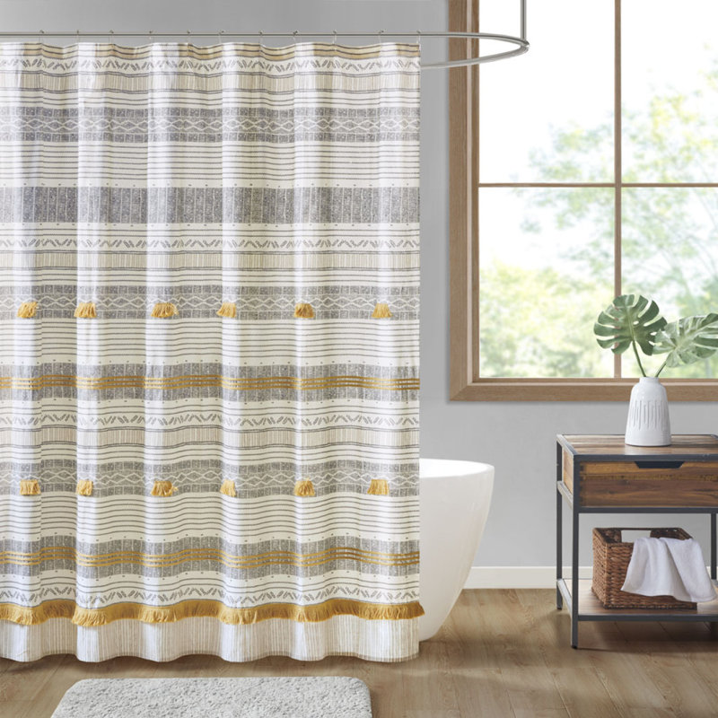 Cotton Stripe Printed Shower Curtain With Tassel
