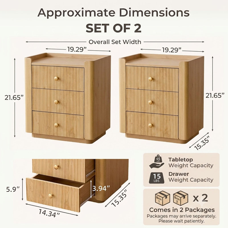  Avalie Fluted 3-Drawer Nightstand Set of 2, Bedside Table with Rounded Edges, Set of 2
